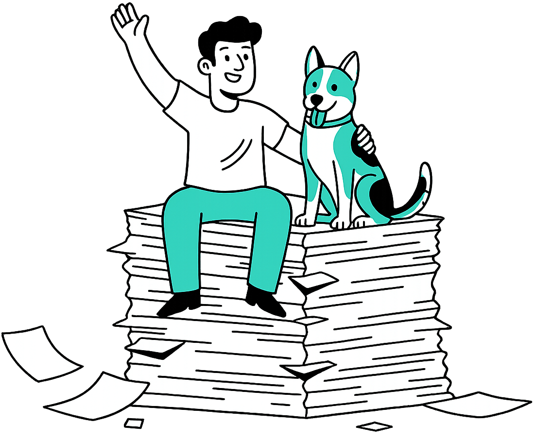 Person confidently sitting on organized documents
